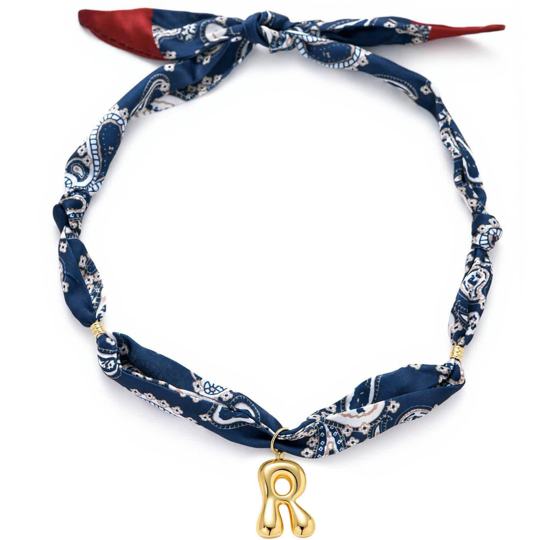 Initial Navy Paisley Bandana Scarf Necklace With Gold Bubble Letter Pendant - R - image 22