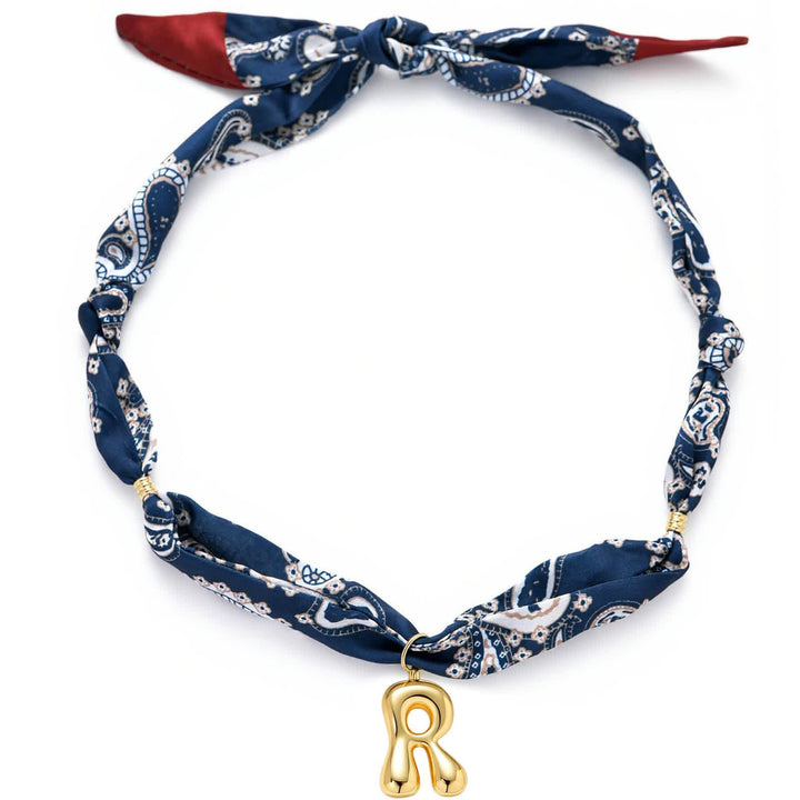 Initial Navy Paisley Bandana Scarf Necklace With Gold Bubble Letter Pendant - R - image 22