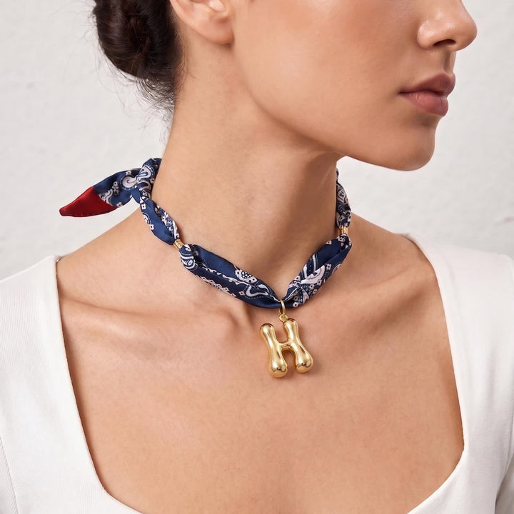 Initial Navy Paisley Bandana Scarf Necklace With Gold Bubble Letter Pendant - image 5