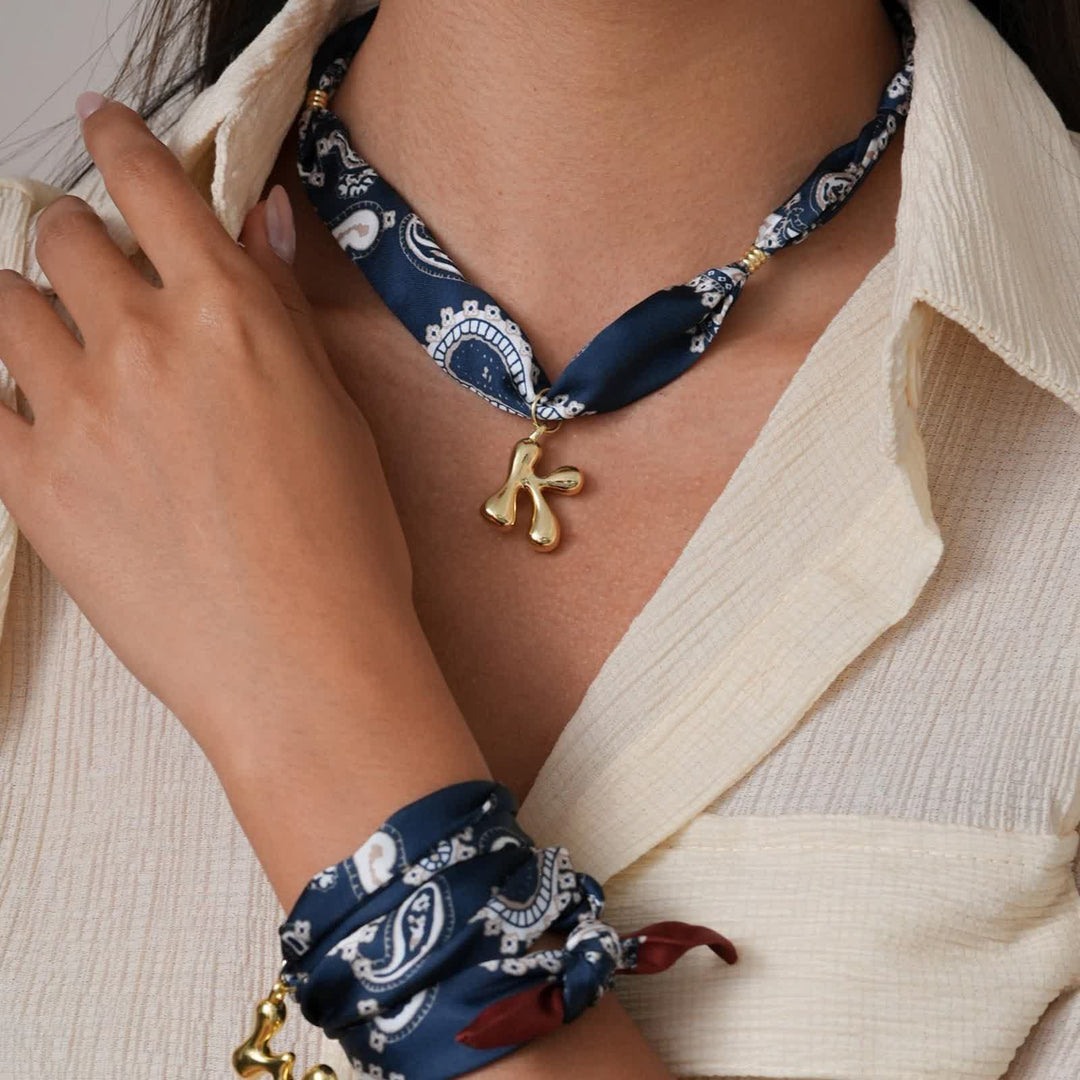 Initial Navy Paisley Bandana Scarf Necklace With Gold Bubble Letter Pendant - image 3