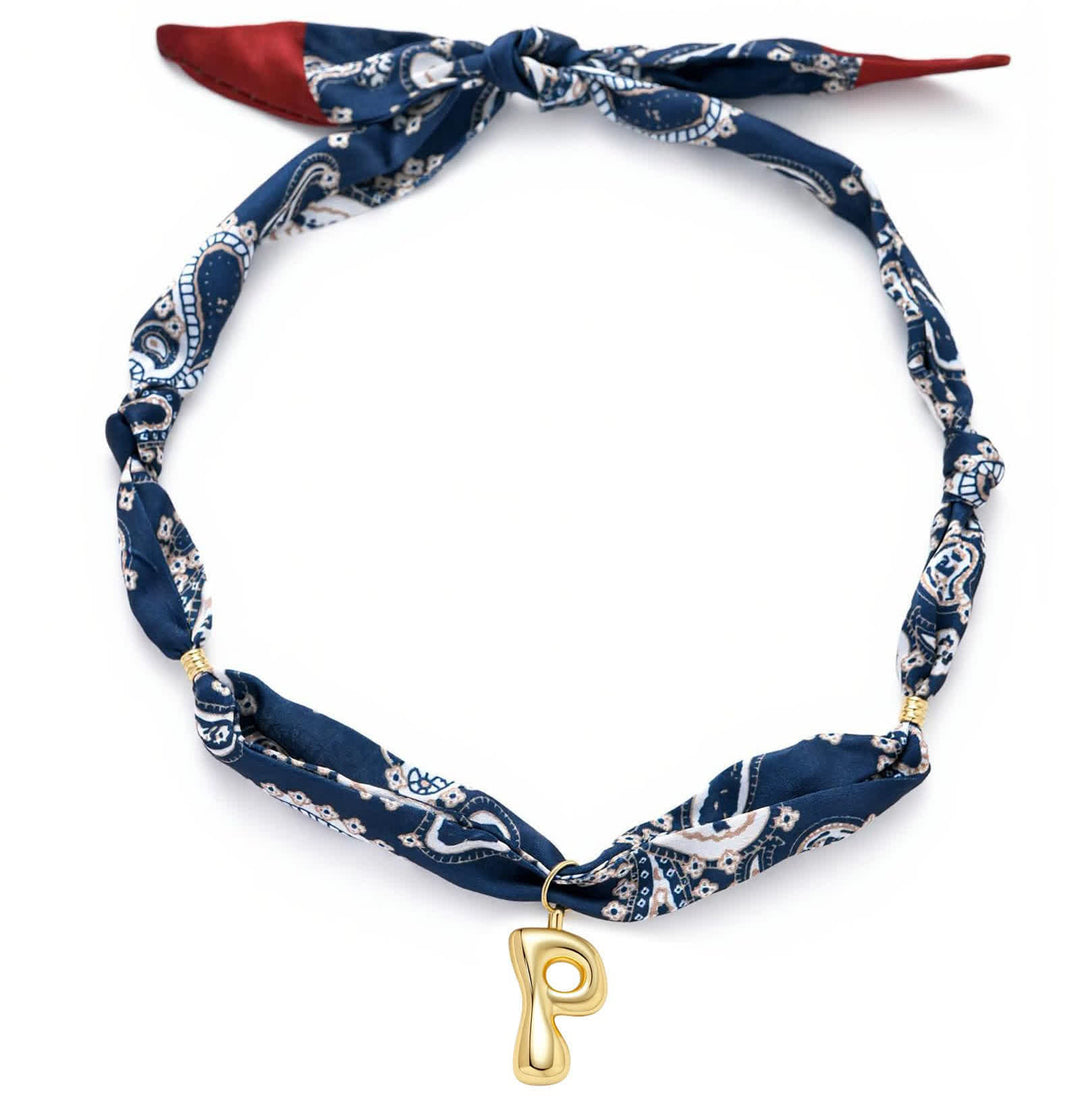 Initial Navy Paisley Bandana Scarf Necklace With Gold Bubble Letter Pendant - P - image 20