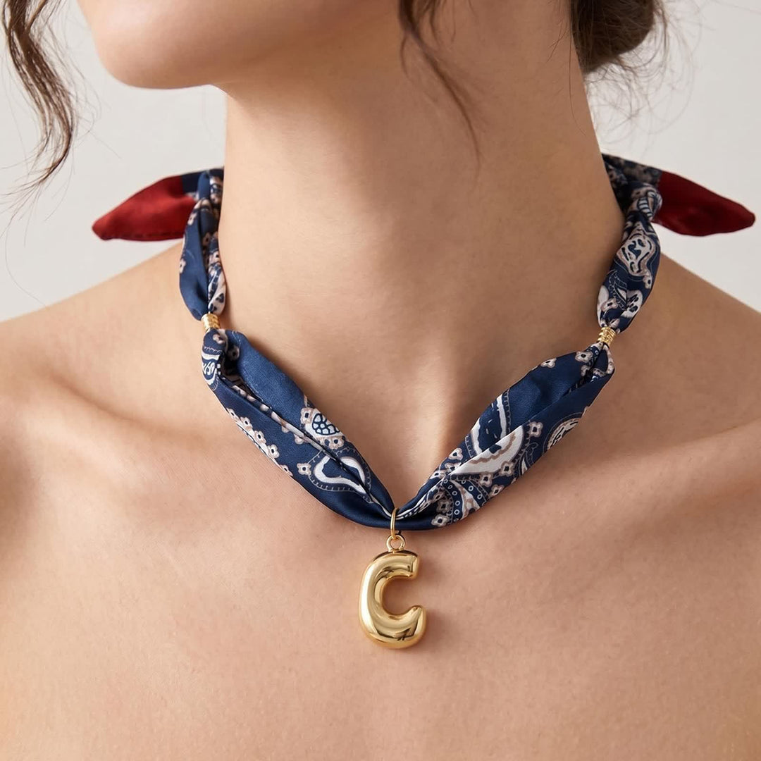 Initial Navy Paisley Bandana Scarf Necklace With Gold Bubble Letter Pendant - image 4