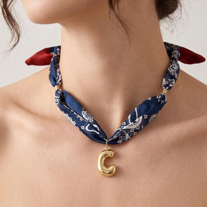 Initial Navy Paisley Bandana Scarf Necklace With Gold Bubble Letter Pendant - image 4