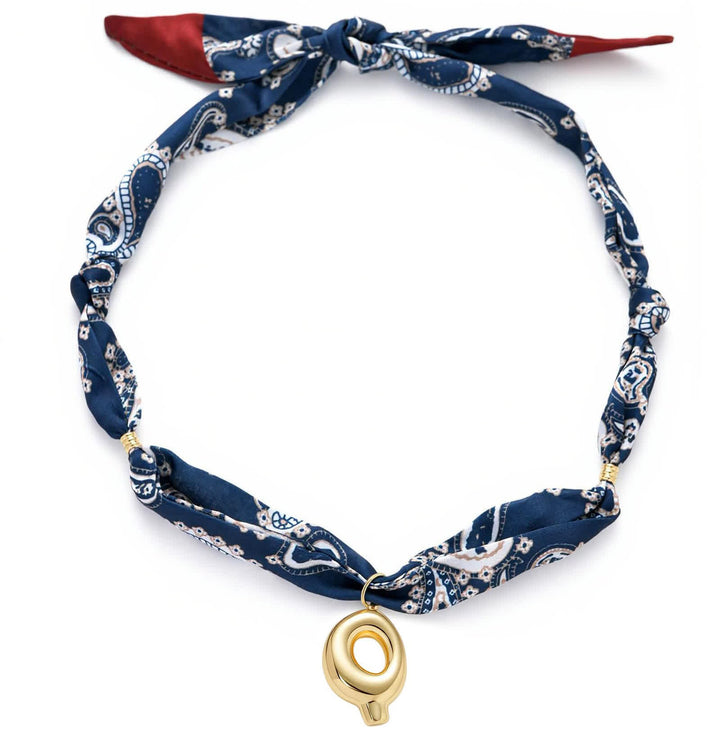Initial Navy Paisley Bandana Scarf Necklace With Gold Bubble Letter Pendant - Q - image 21