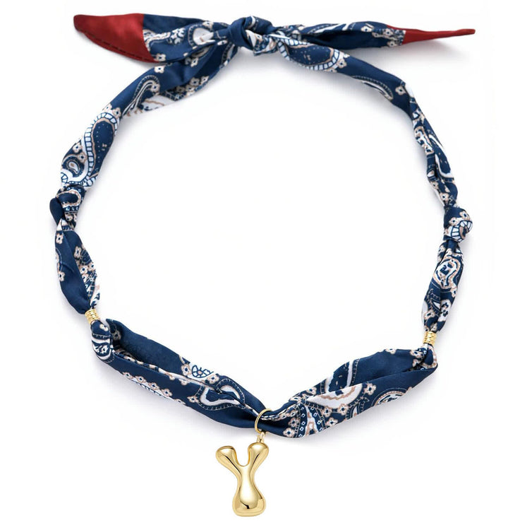 Initial Navy Paisley Bandana Scarf Necklace With Gold Bubble Letter Pendant - Y - image 29