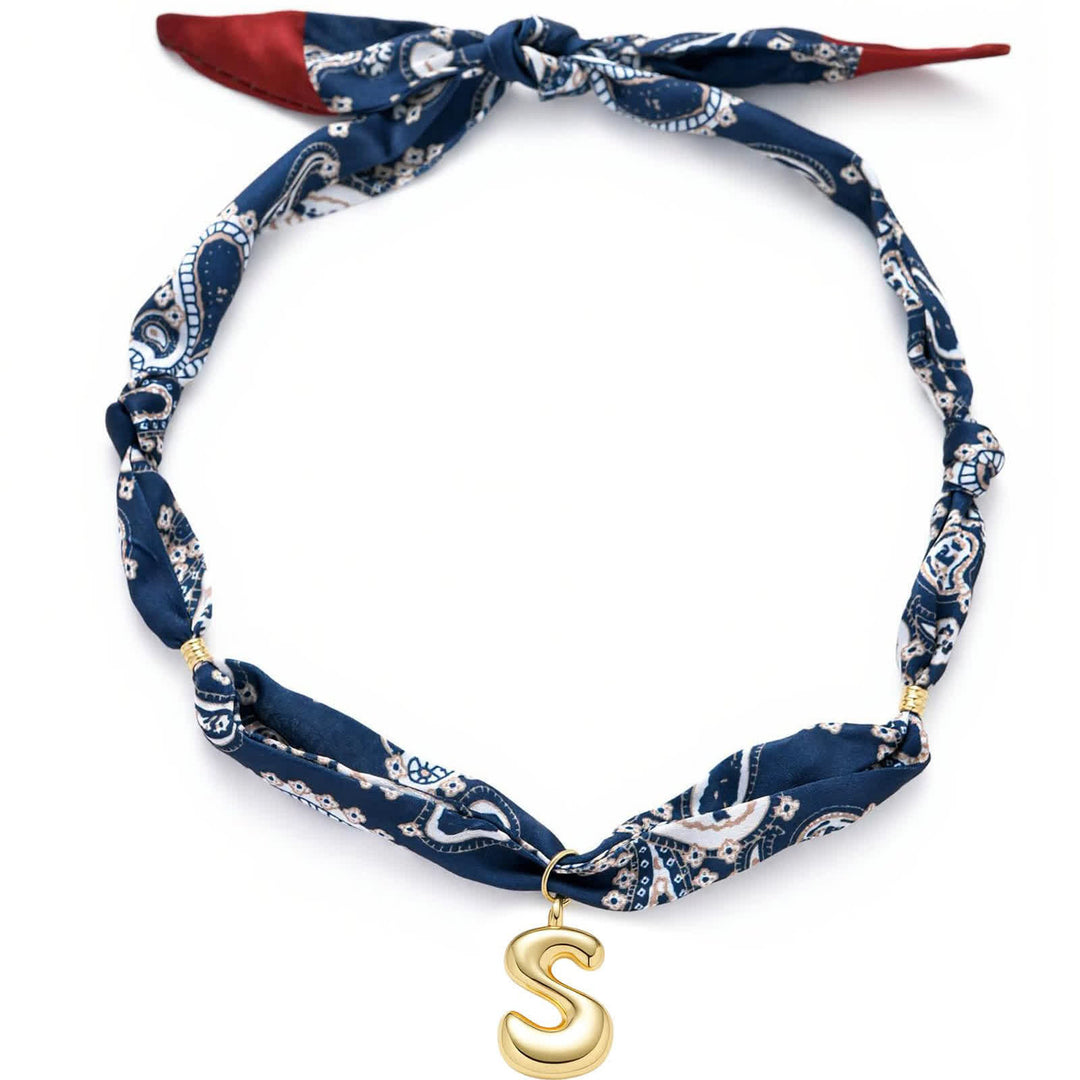Initial Navy Paisley Bandana Scarf Necklace With Gold Bubble Letter Pendant - S - image 23