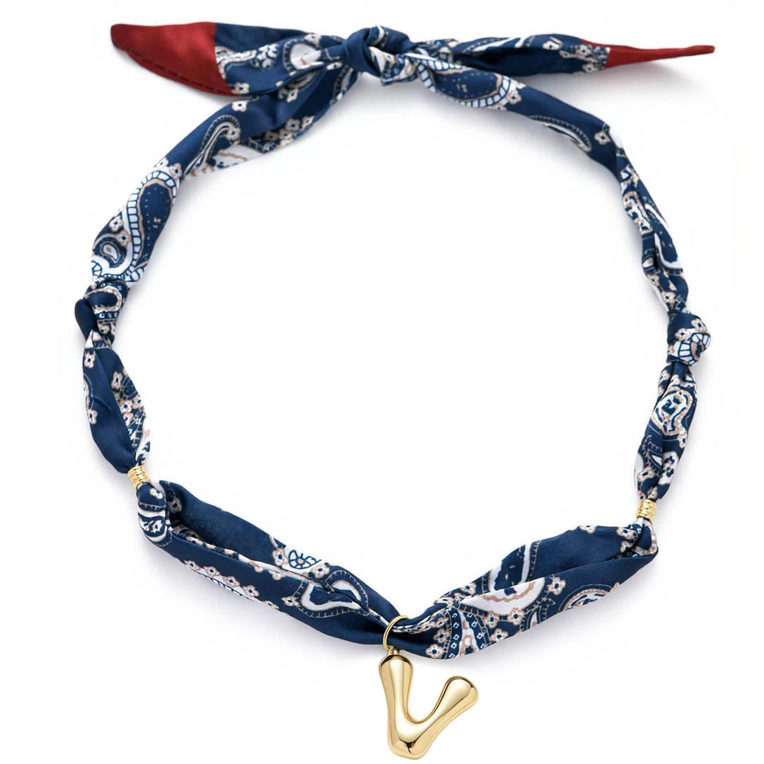 Initial Navy Paisley Bandana Scarf Necklace With Gold Bubble Letter Pendant - V - image 26