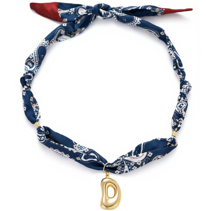 Initial Navy Paisley Bandana Scarf Necklace With Gold Bubble Letter Pendant - D - image 8