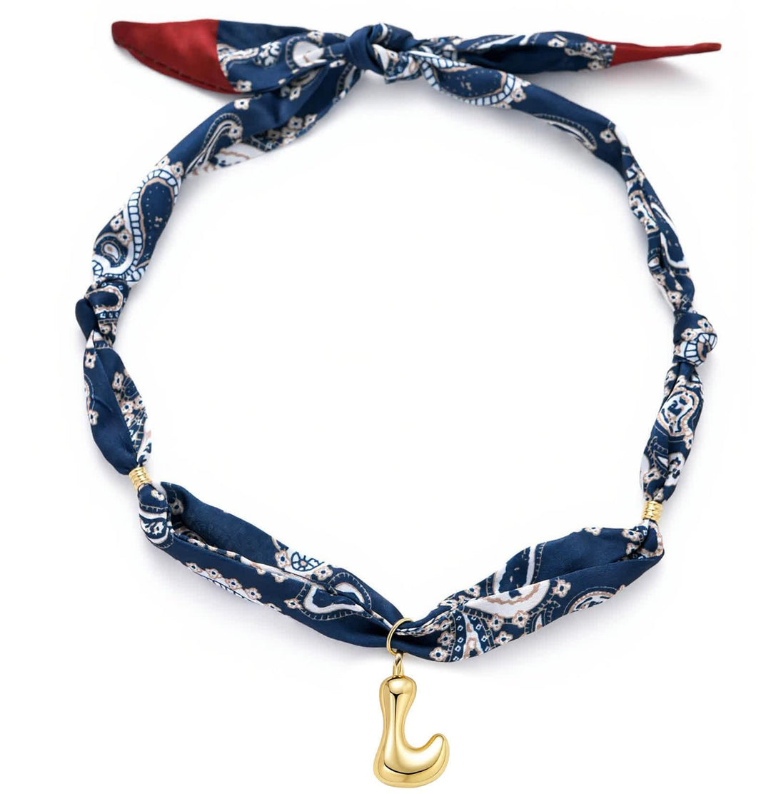 Initial Navy Paisley Bandana Scarf Necklace With Gold Bubble Letter Pendant - L - image 16