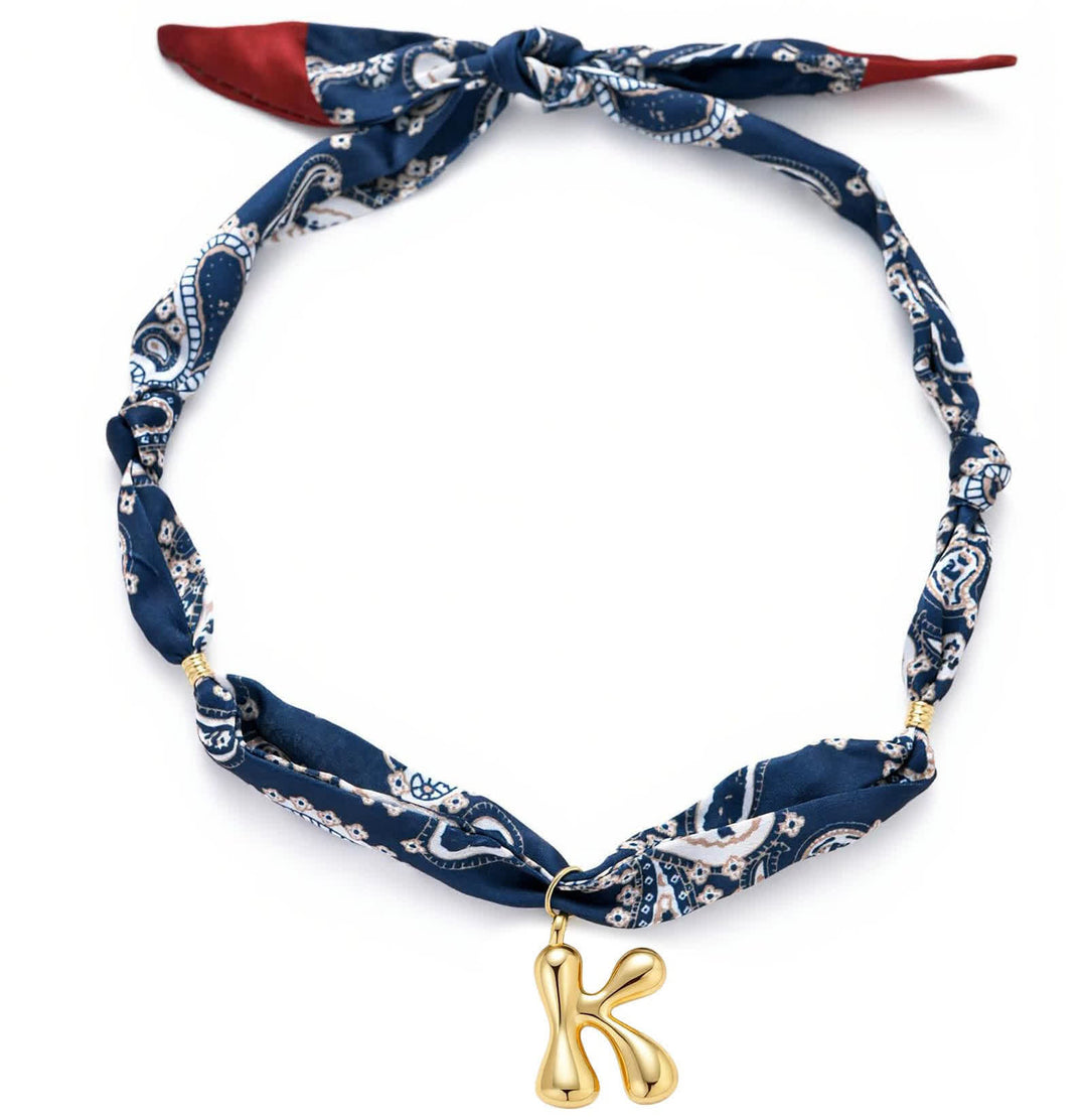 Initial Navy Paisley Bandana Scarf Necklace With Gold Bubble Letter Pendant - K - image 15
