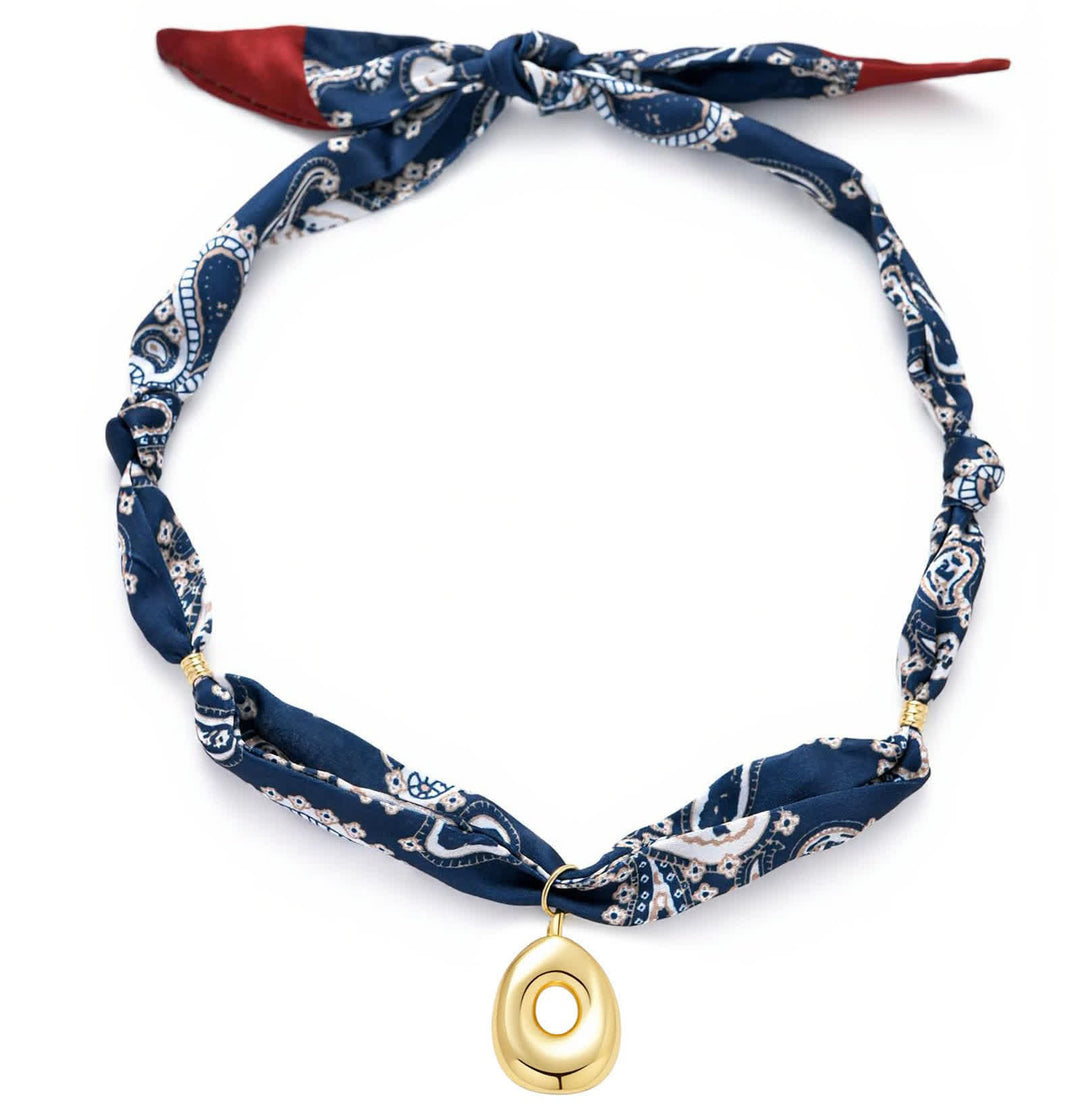 Initial Navy Paisley Bandana Scarf Necklace With Gold Bubble Letter Pendant - O - image 19