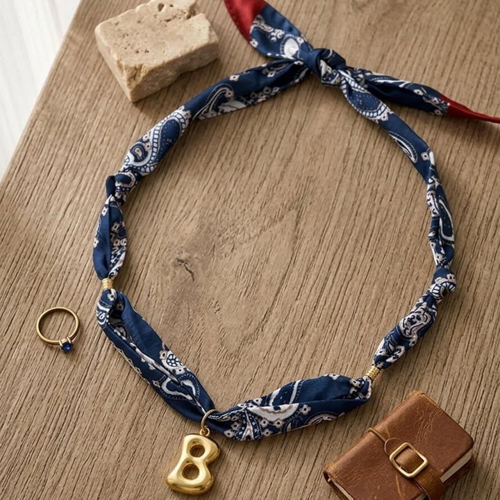 Initial Navy Paisley Bandana Scarf Necklace With Gold Bubble Letter Pendant - image 1