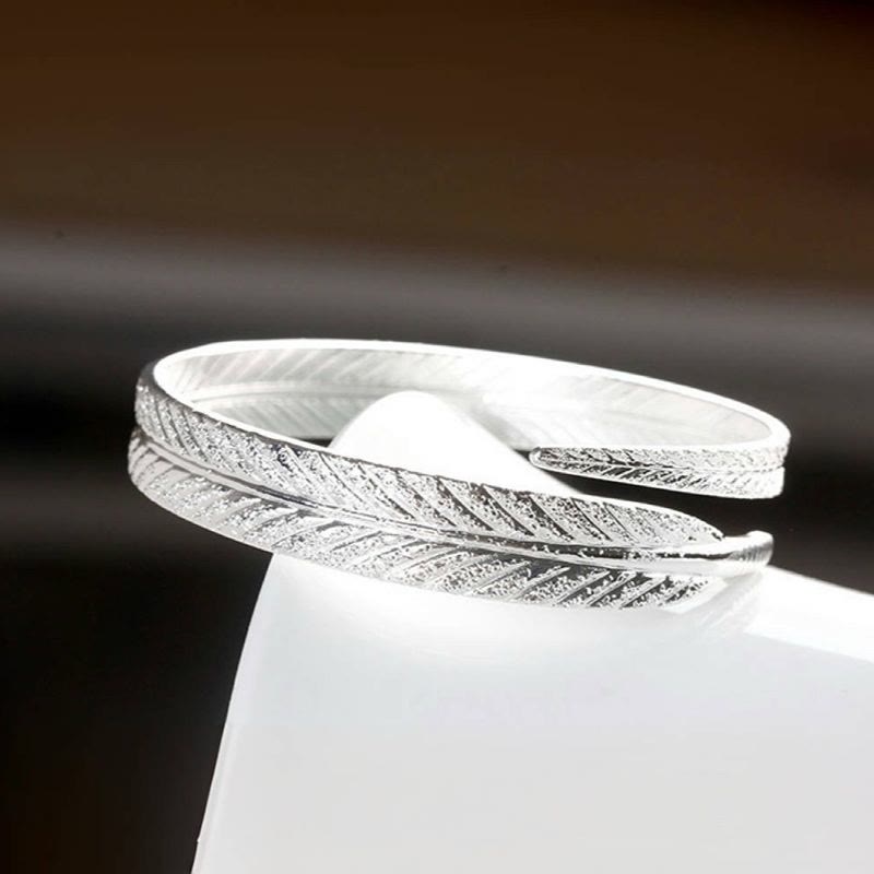 Vintage Feather Open Cuff Bangle Adjustable Silver‑Tone Bracelet for Women - image 3