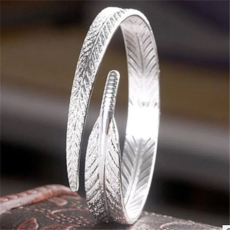 Vintage Feather Open Cuff Bangle Adjustable Silver‑Tone Bracelet for Women - Style#1 - image 1