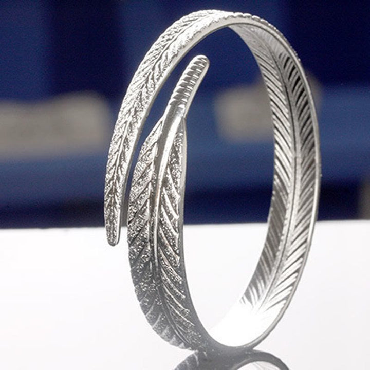 Vintage Feather Open Cuff Bangle Adjustable Silver‑Tone Bracelet for Women - image 7
