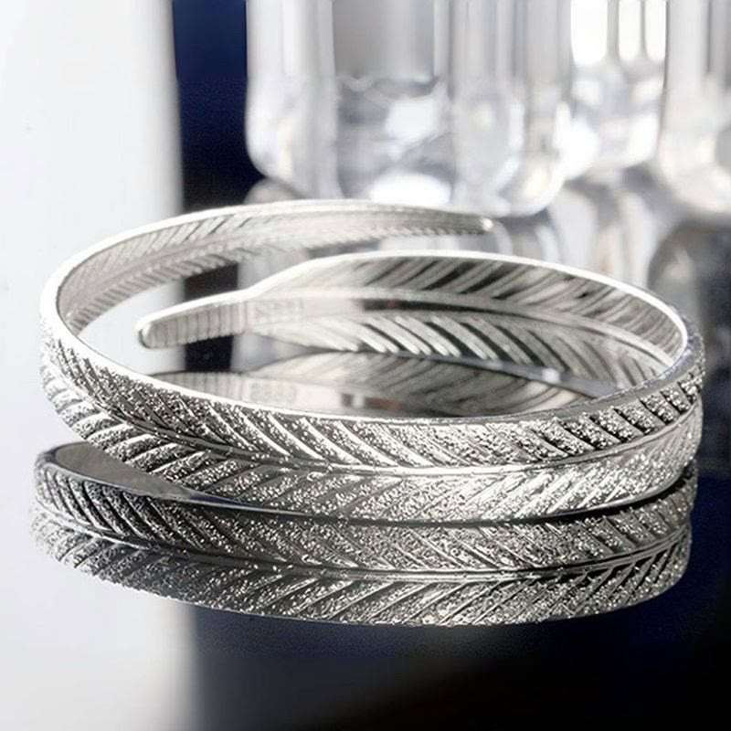 Vintage Feather Open Cuff Bangle Adjustable Silver‑Tone Bracelet for Women - image 5