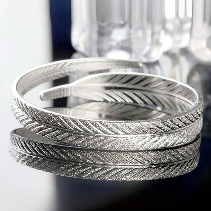 Vintage Feather Open Cuff Bangle Adjustable Silver‑Tone Bracelet for Women - image 5