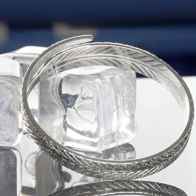 Vintage Feather Open Cuff Bangle Adjustable Silver‑Tone Bracelet for Women - image 6