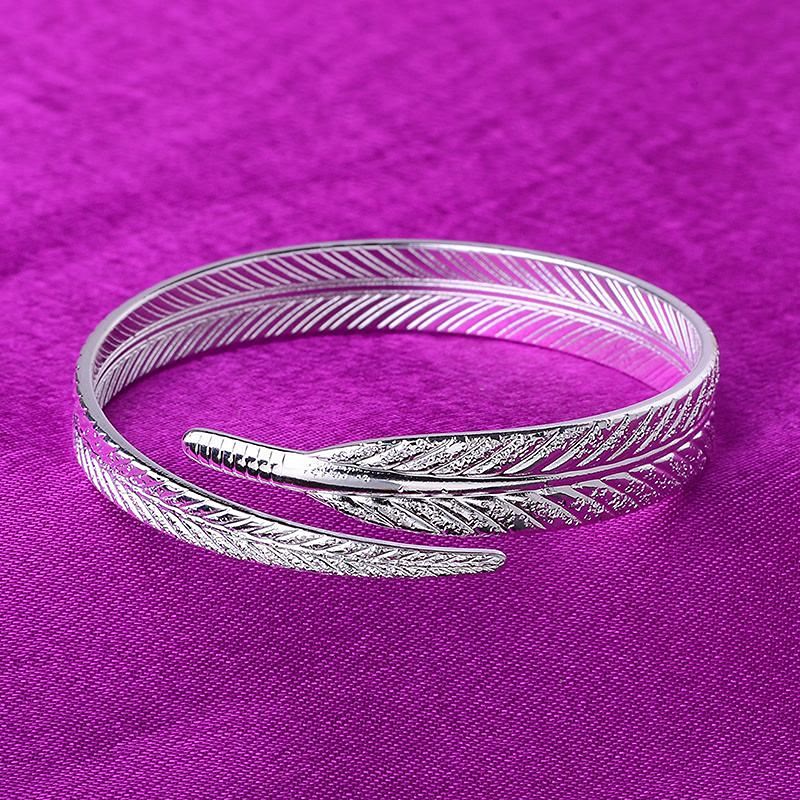 Vintage Feather Open Cuff Bangle Adjustable Silver‑Tone Bracelet for Women - image 8