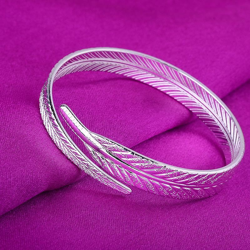 Vintage Feather Open Cuff Bangle Adjustable Silver‑Tone Bracelet for Women - image 9