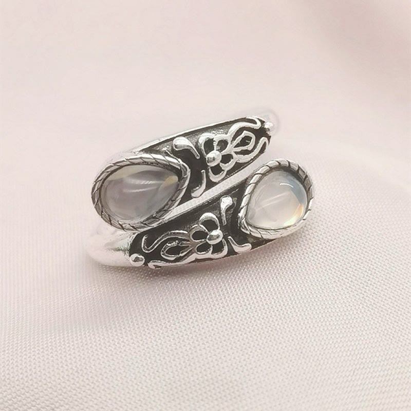 Vintage Carved Flower Bypass Ring Teardrop Stone Open Adjustable Ring for Women - Style#2 - image 4