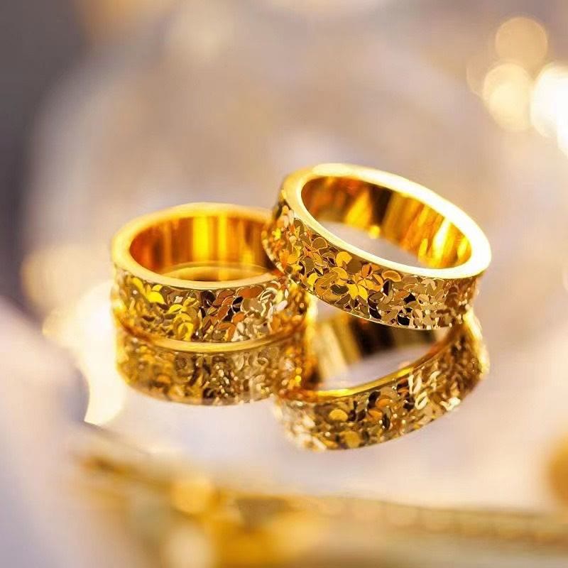 Crushed Ice Textured Titanium Steel Ring Gold Band Ring For Women - image 1
