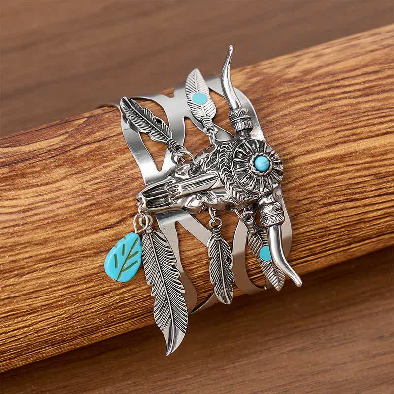 Southwestern Cow Skull Turquoise Feather Open Cuff Bracelet - image 4
