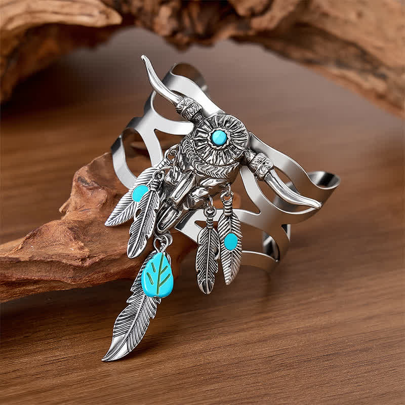 Southwestern Cow Skull Turquoise Feather Open Cuff Bracelet - image 3