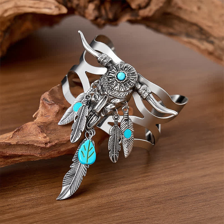 Southwestern Cow Skull Turquoise Feather Open Cuff Bracelet - image 3