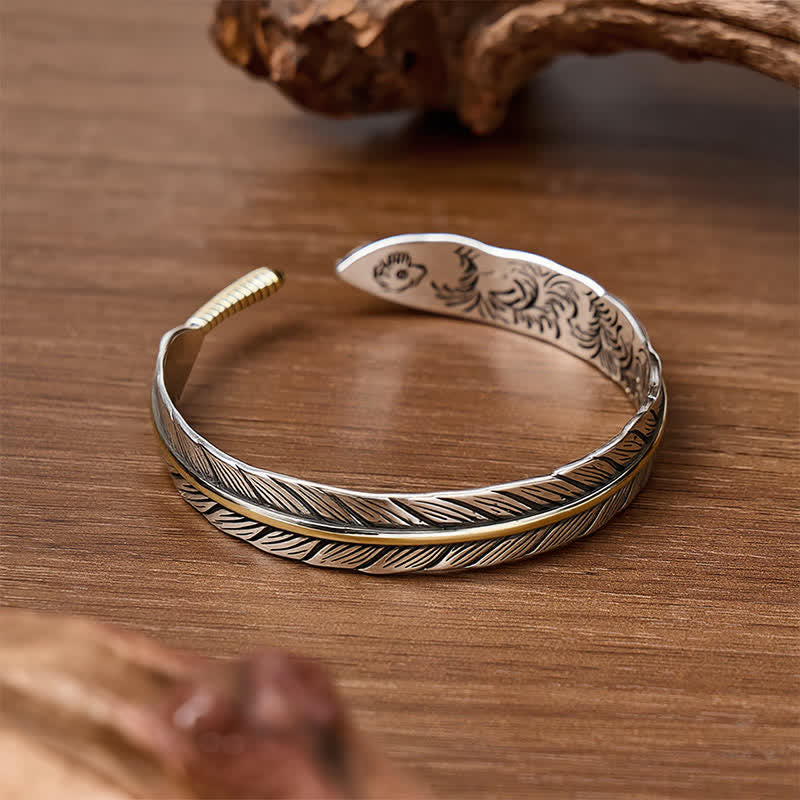 Two-Tone Spirit Single Feather Totem Open Cuff Bracelet - image 4
