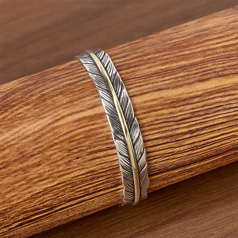 Two-Tone Spirit Single Feather Totem Open Cuff Bracelet - image 2