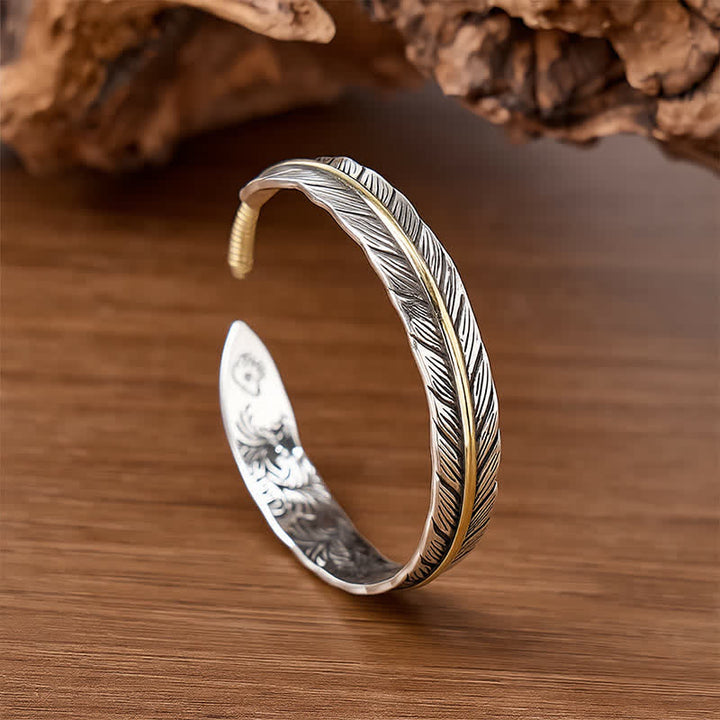 Two-Tone Spirit Single Feather Totem Open Cuff Bracelet - Silver & Bronze - image 0