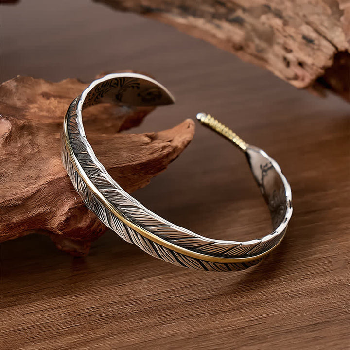 Two-Tone Spirit Single Feather Totem Open Cuff Bracelet - image 3