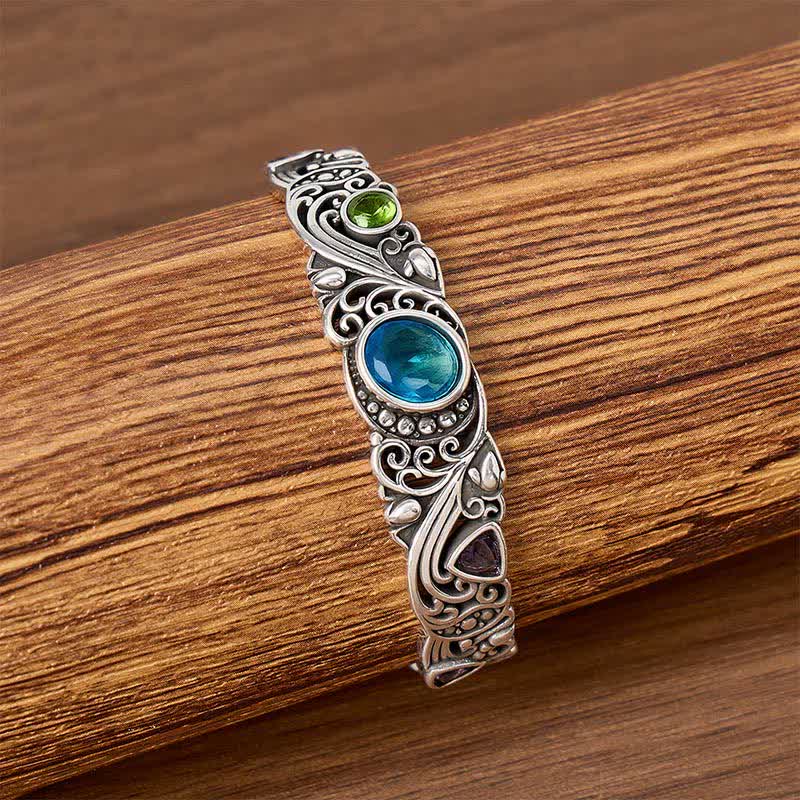 Ornate Gemstone Hollow Out Open Cuff Bracelet - image 2