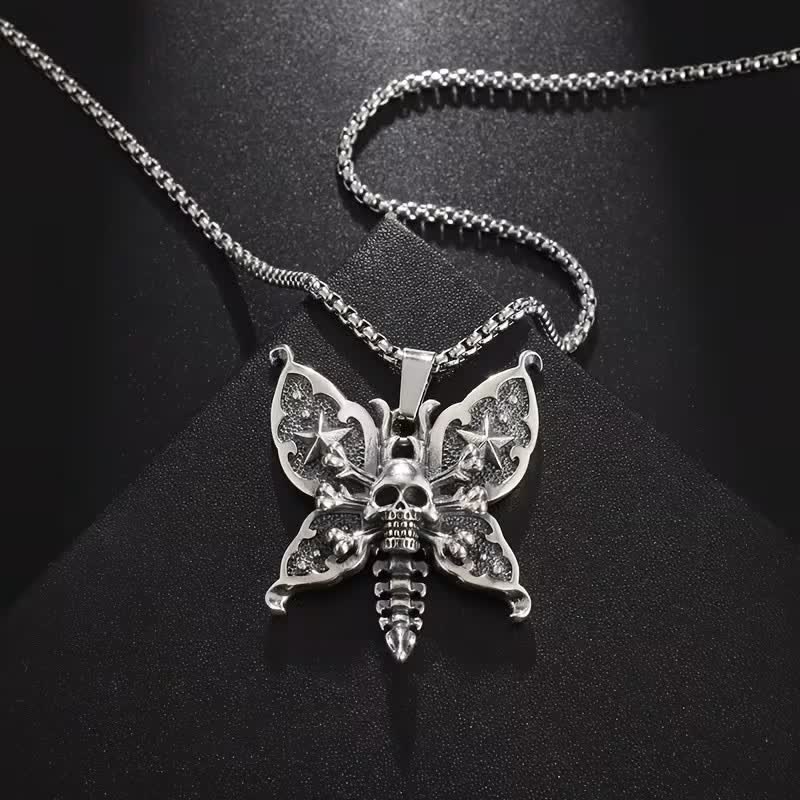 Nocturne Skull Butterfly Gothic Moth With Star Wings Necklace - Silver - image 0
