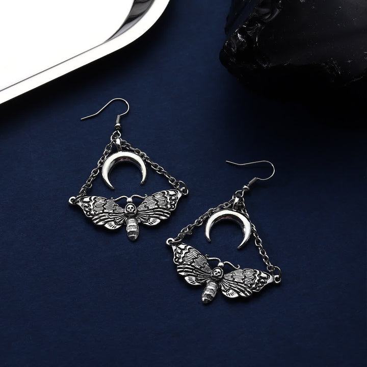 Dark Aesthetic Death Moth Crescent Moon Chain Dangle Earrings - image 3