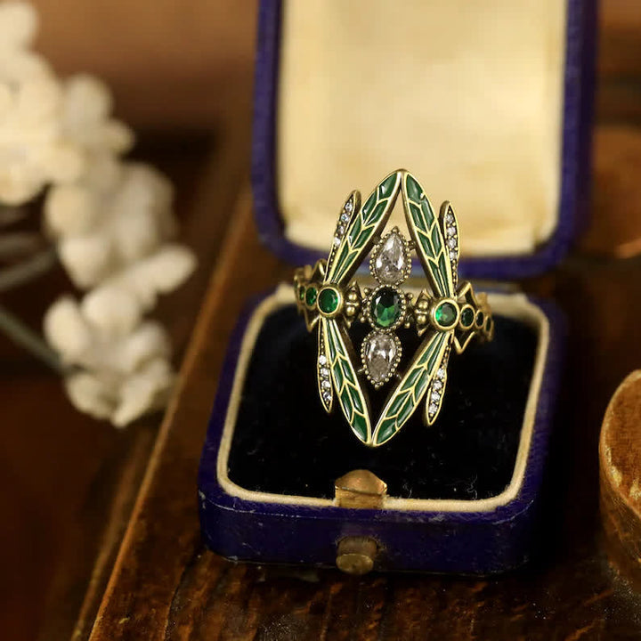 Art Nouveau Dragonfly Green Enamel & Crystals Ring - image 4