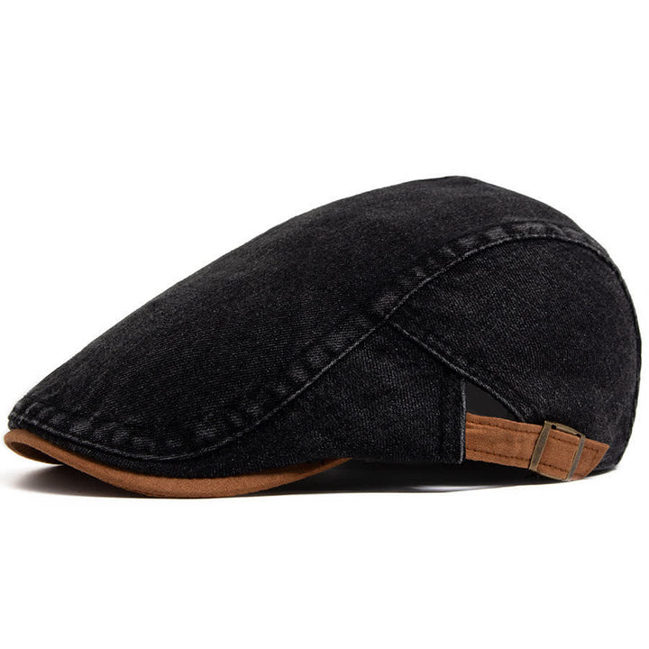 Contrast Color Washed Denim Flat Beret With Suede Brim - Black - Adjustable (21 5/8"-23 1/4") - image 7