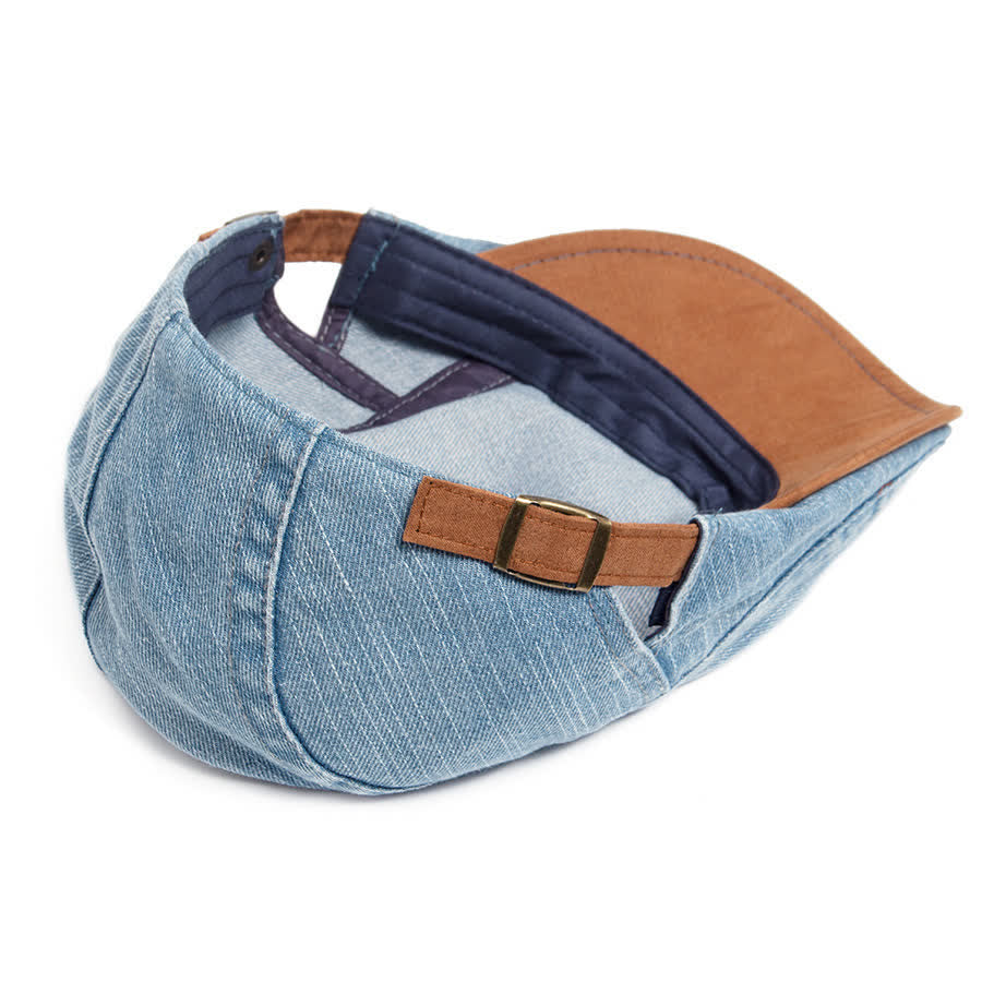 Contrast Color Washed Denim Flat Beret With Suede Brim - image 4