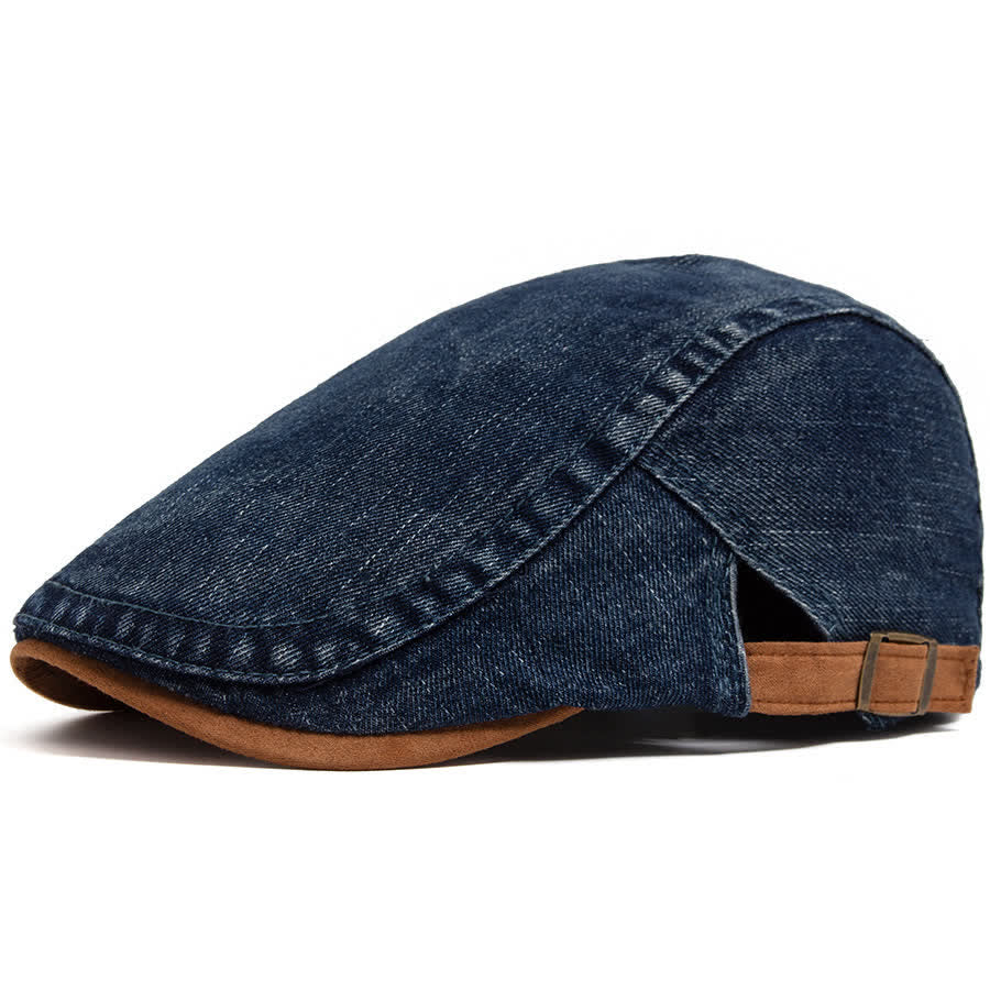 Contrast Color Washed Denim Flat Beret With Suede Brim - Dark Blue - Adjustable (21 5/8"-23 1/4") - image 8