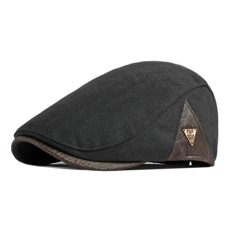 Subtle Herringbone Warm Flat Beret With Leather Trim - Black - Adjustable (21 5/8"-23 1/4") - image 7