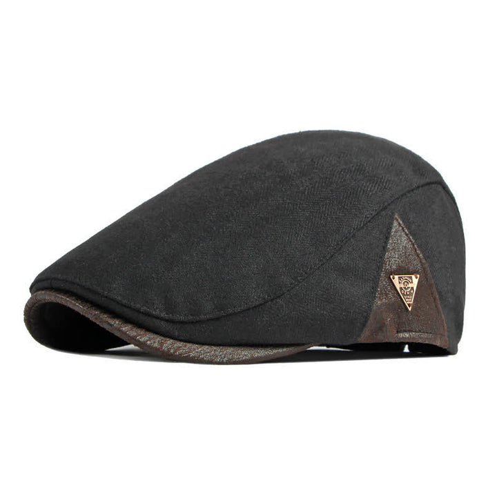 Subtle Herringbone Warm Flat Beret With Leather Trim - Black - Adjustable (21 5/8"-23 1/4") - image 7
