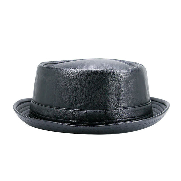 Classic Pork Pie Waterproof Leather Fedora Bucket Hat - Black - M (22"-22 7/8") - image 0