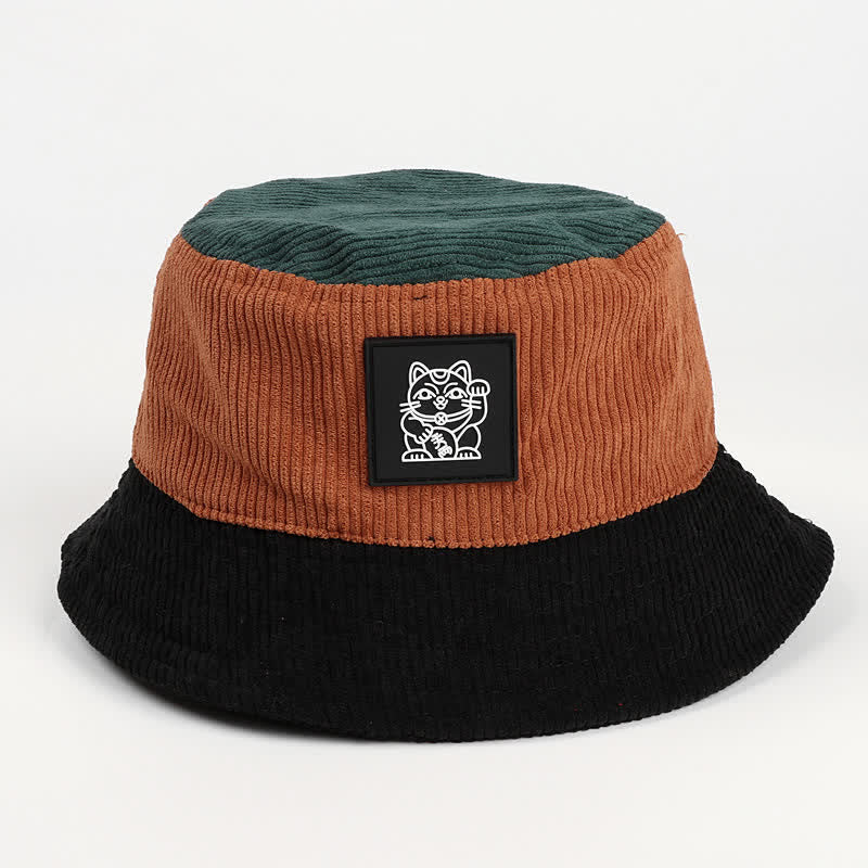 Color Block Lucky Cat Corduroy Foldable Bucket Hat - Black - M (22"-22 7/8") - image 6