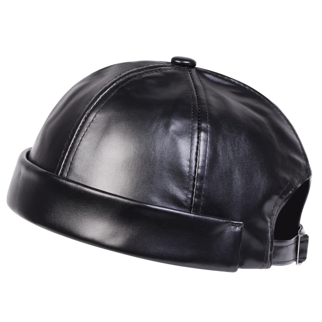 Minimalist Brimless Adjustable PU Leather Docker Cap - Black - Adjustable (22"-23 1/4") - image 0