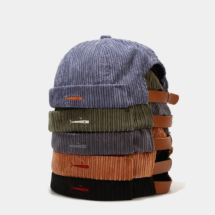 Stylish Embroidered Adjustable No Brim Corduroy Docker Cap - image 0