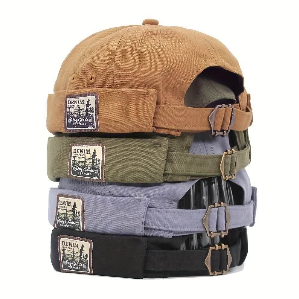 Canvas Adjustable Brimless Docker Cap With Denim Patch - image 0