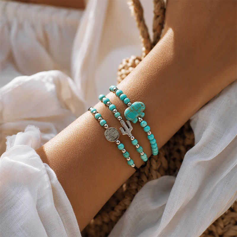 3Pcs Western Cactus Turquoise Self-Confidence Stack Bracelet Set - image 1