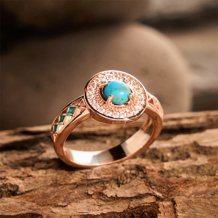 Vintage Round Simulated Turquoise Halo Ring Ethnic Hollow Metal Ring - image 2