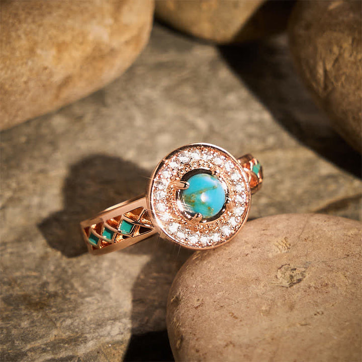 Vintage Round Simulated Turquoise Halo Ring Ethnic Hollow Metal Ring - image 3